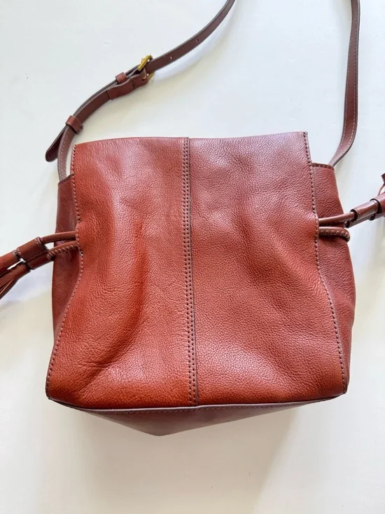 Fossil Women's  Rayna Drawstring Tassel Cognac Leather Crossbody Bucket Bag - Picture 6 of 7